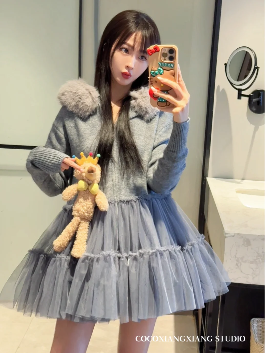 Trendy Splicing Heavy Industry Puffy Gauze Dress Spring Autumn Knitted Hoodie Bear Doll Sweater Cardigan Dress Women 2025 New