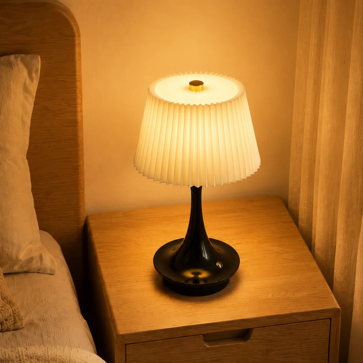 Modern Pleated Fabric Table Lamp Three-Color Lights Wireless Rechargeable Touch Control Decorative Lamp for Cafe Home Decor