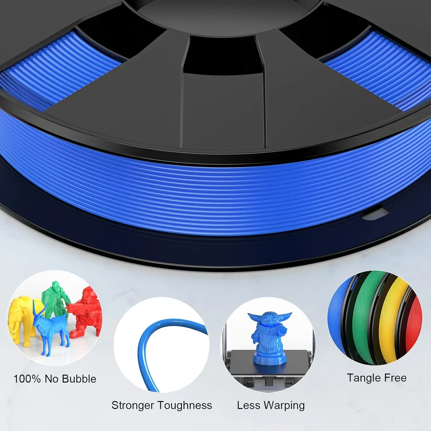 1.75mm High Precision PLA 3D Filament Bundle ±0.02mm, 4×250g Reusable Spools Total 1KG Grey Black White Blue