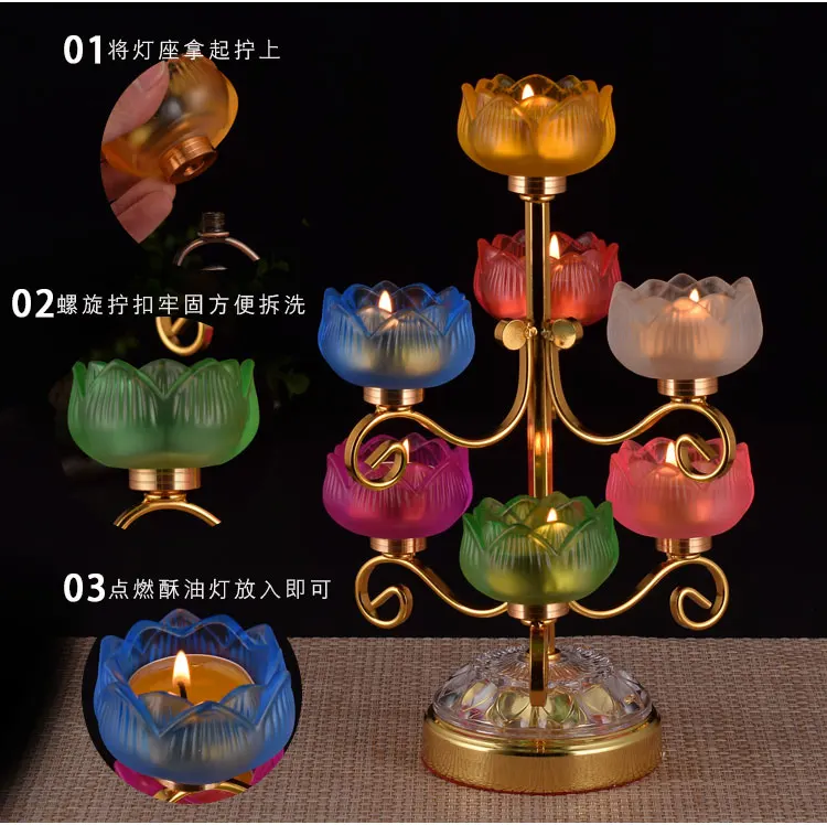 Wholesale Buddhist supplies HOME Temple Seven color Lotus flower Crystal Buddhism pray bless Consecrate lamp Candlestick