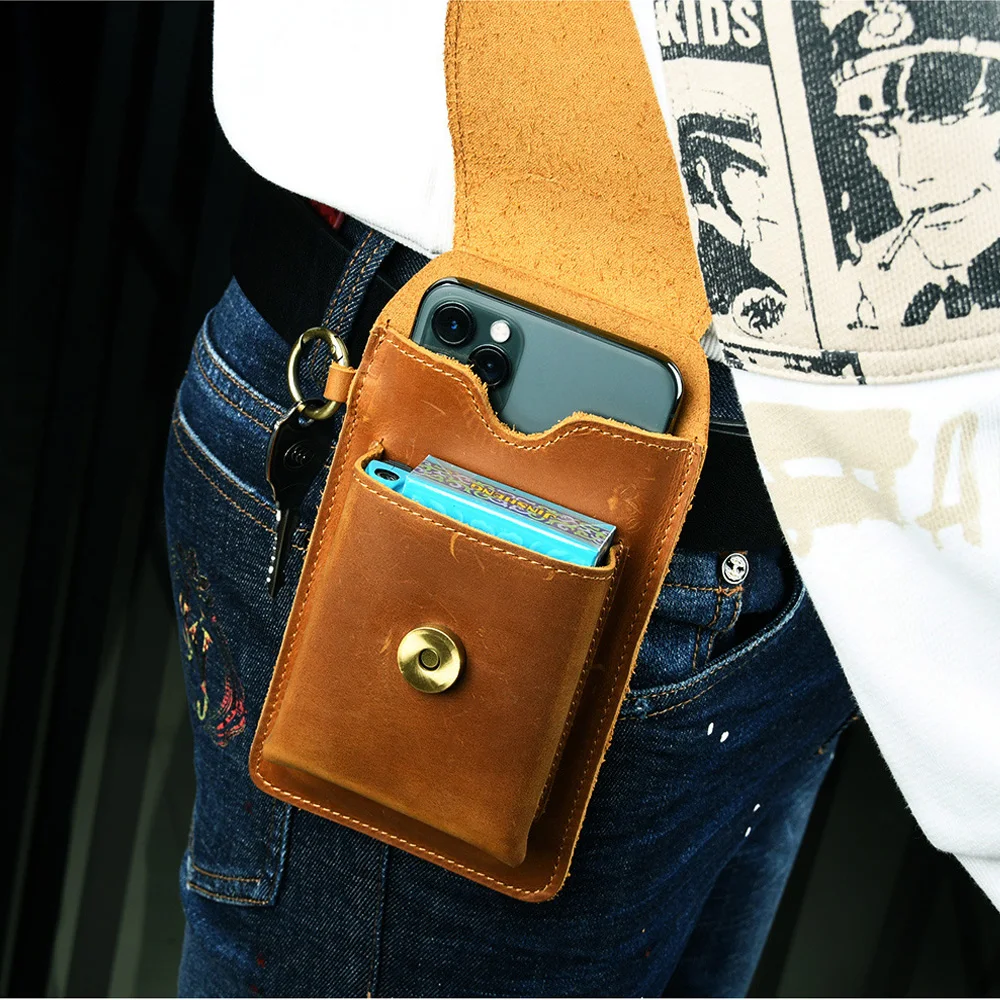 Crazy Horse Leather Phone Holster Belt Loop Pouch Tactical Top Grain Cowhide Waist Bag Vintage Outdoor Phone Case for Men