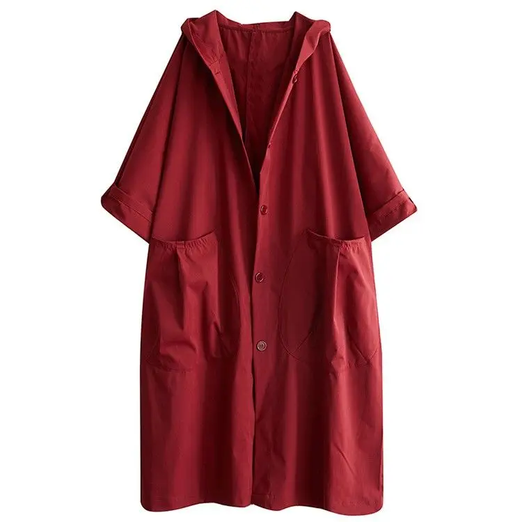 Outono solto novo estilo tamanho grande acima do joelho longo padrão grande bolso trench coat casaco feminino com capuz deslocamento pousio