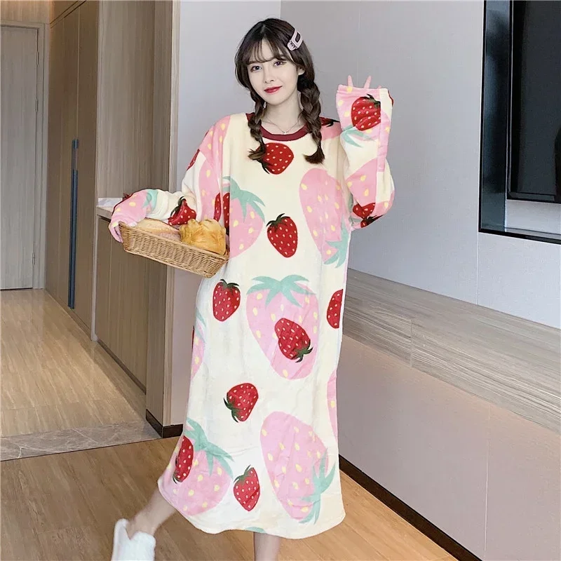 2023 Winter Long Sleeve Thick Warm Flannel Nightgowns for Women Korean Loose Sleepwear Nightdress Ladies Night Dress Home Nighty