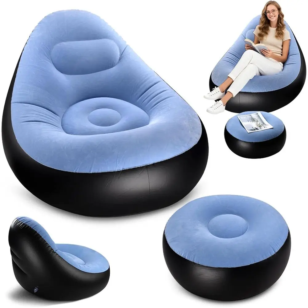 Portable Inflatable Lounge Chair for Adults, Lazy Locking Recliner Air Sofa for Indoor Outdoor Travel Camping (No Pump), Light B