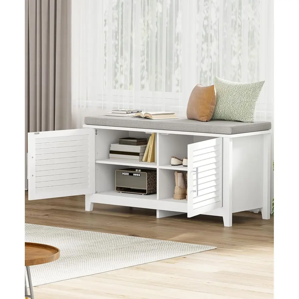 White 2-Tier Entryway Shoe Storage Bench with Cushion & Adjustable Shelf, 39.4 Wide