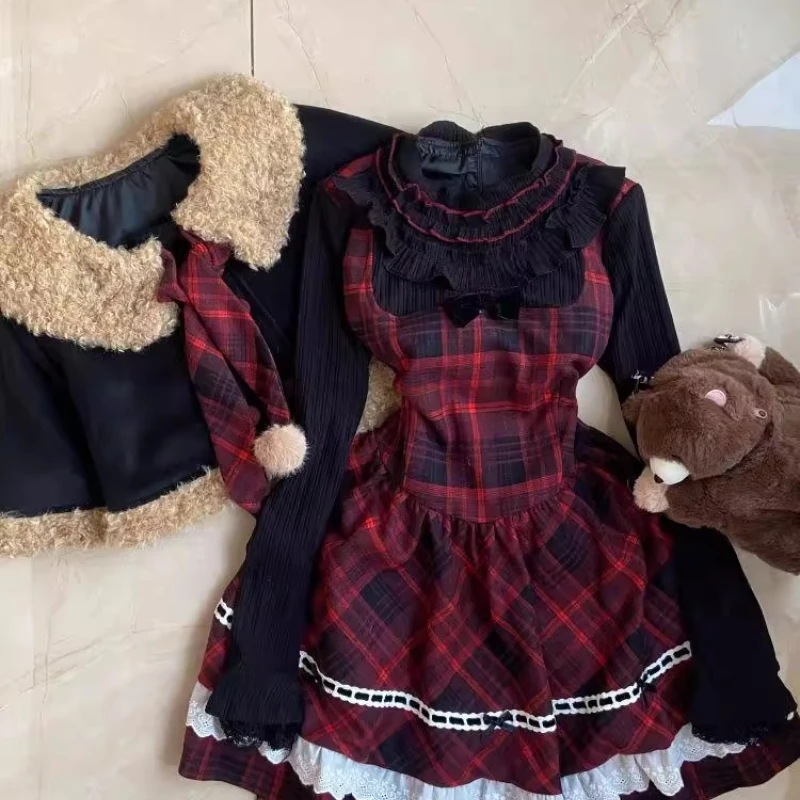 2025 شتاء جديد عيد الميلاد جو المرأة مجموعة أفخم معطف الرأس وهمية قطعتين منقوشة الربط فساتين قطعتين مجموعات السيدات #6