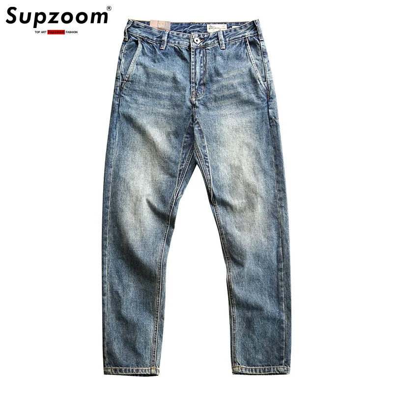 Supzoom-jeans casual de algodão para homens, mosca com zíper, bolsos retrô, nova chegada, venda quente, top fashion, outono