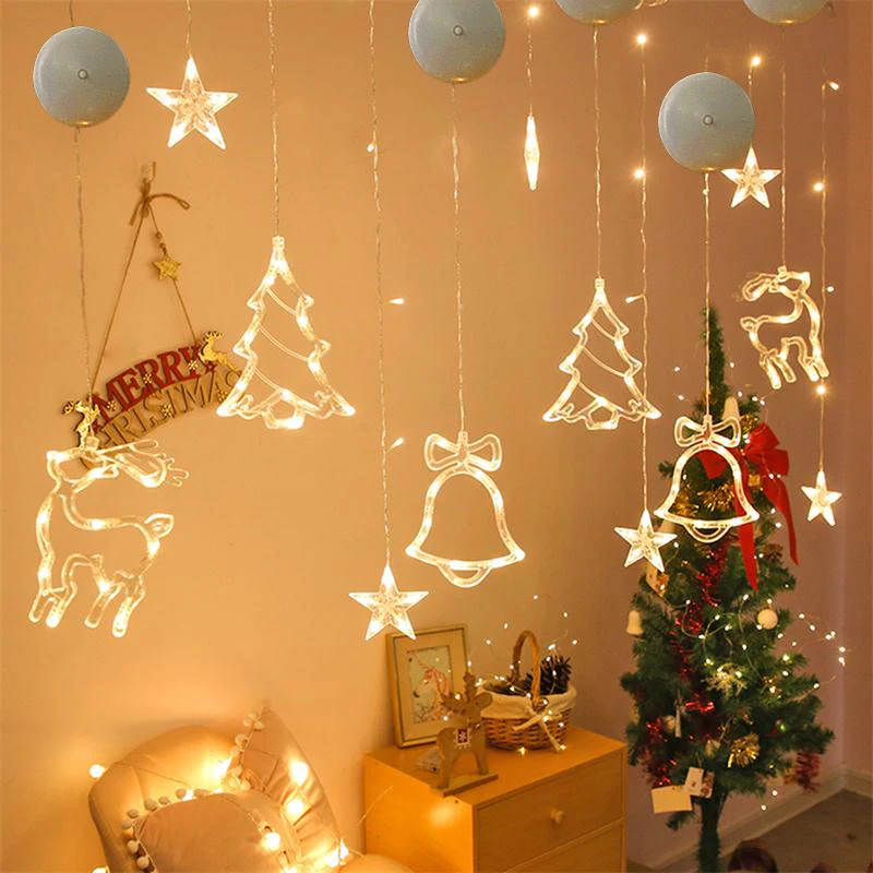 Christmas LED Light Star Moon Hanging Sucker Lamp Window Ornaments Christmas Gift for Kids Navidad Decor 2023 New Year Lighting