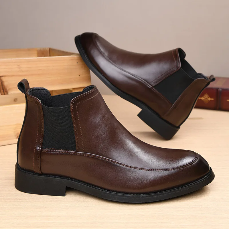 

Men's size autumn and winter boots pointed British high top short boots, suit business leather shoes