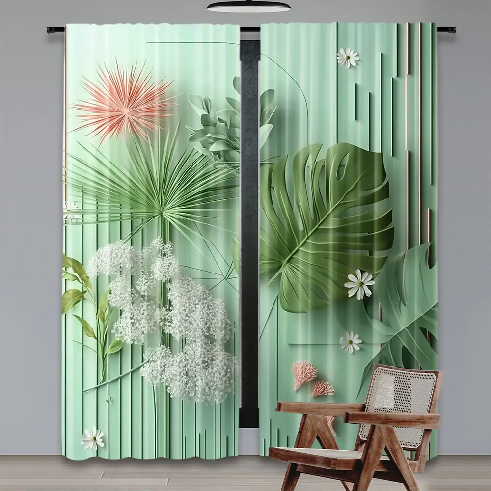 2Pcs Nature Green Curtain Jade Tones Abstract Exotic Leaves And Flowers With Modern Boho Lines For Bedroom Living Room And