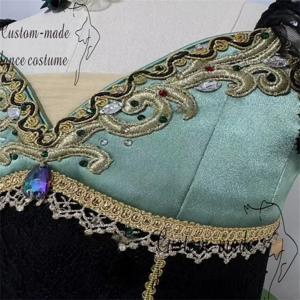 Jupe de ballet à variation pour femme Esmeralda, vert foncé, noir, rouge, broderie dorée, jupe longue en gaze moelleuse sertie de diamants