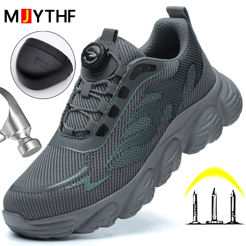 Reflective Safety Shoes Men Fashion Protective Sneakers Steel Toe Shoes Rotating Button Work Boots Men Puncture-Proof Male Shoes