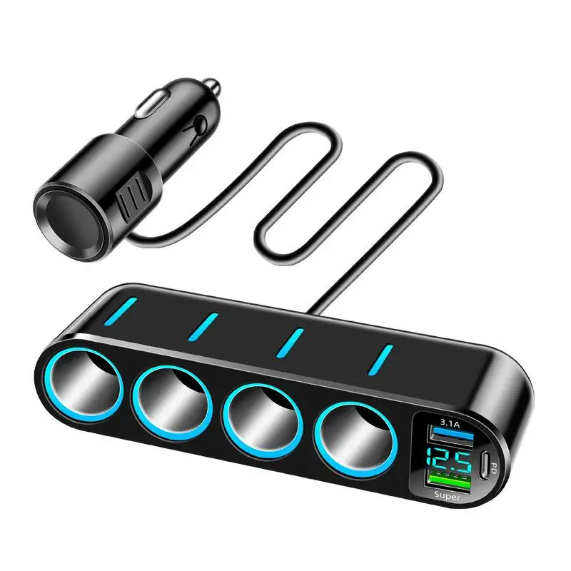 Universal 7 In 1 Car Fast Charger Adapter Charge 12-24V Four Cigarette Lighter Dual USB PD 66W Socket Cigarette Lighter Splitter