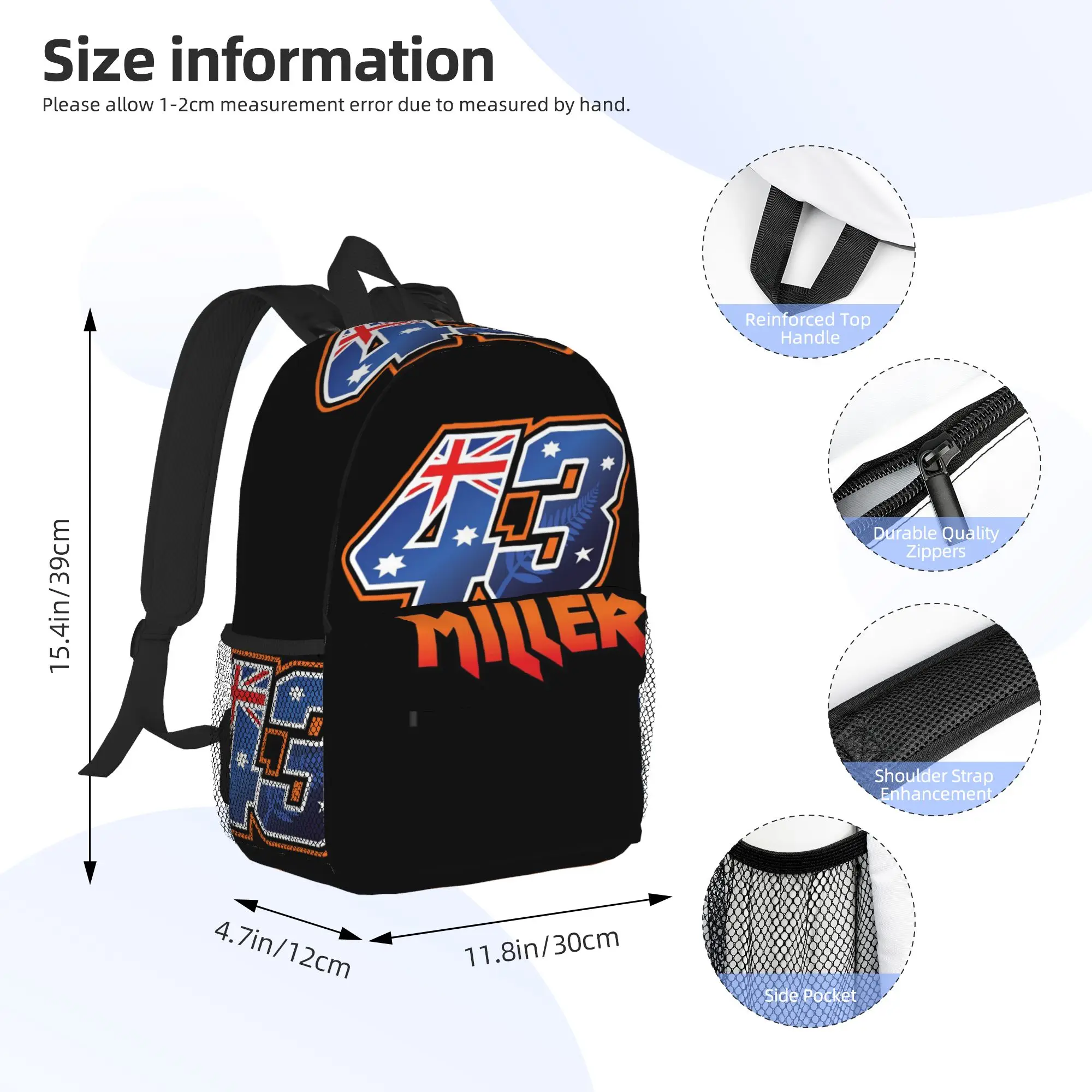 Jack Miller Number 43 Backpack Hot Sale Daypack Large Capacity Boys Girls BookBag Shoulder Bags for Men Women School Bag