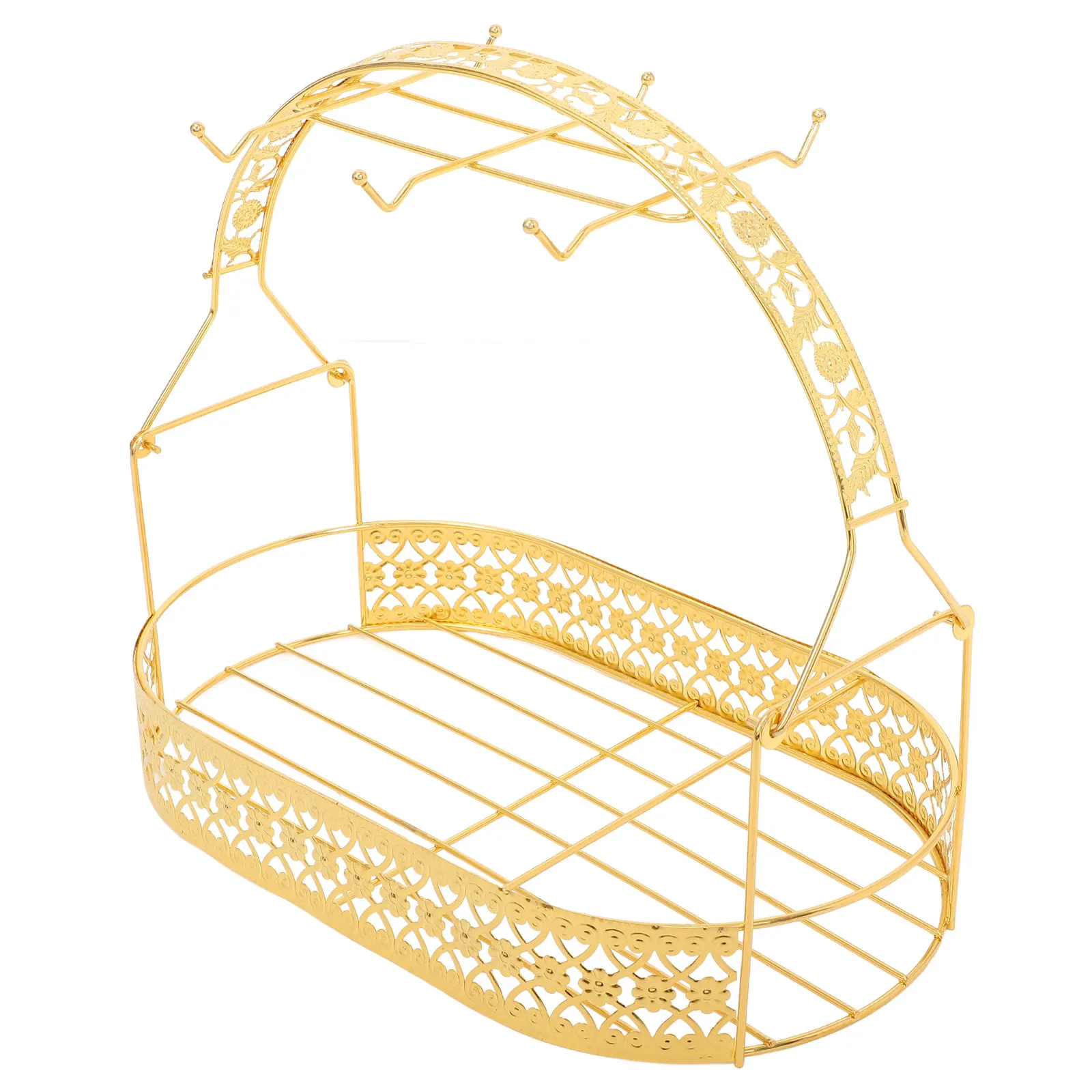 

6-Cup Wrought Iron Mug Rack Golden Plated Cup Organizer for Kitchen Countertop Flatback Design with Storage Basket Jewelry