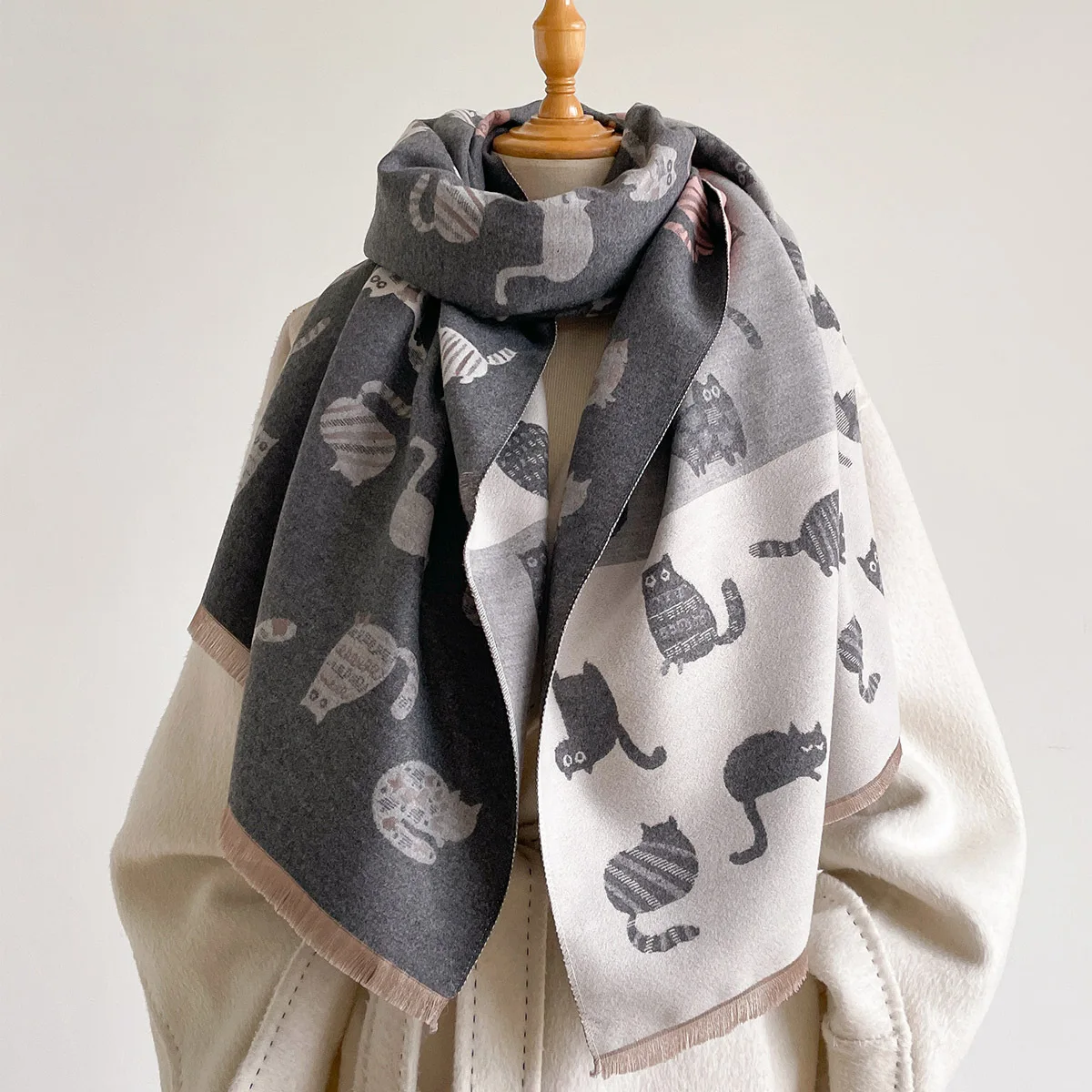 Scarf Women Cat Jacquard Shawl Wrap Double Sided Fall Neck Warmer Ladies Animal Pattern Cape Stole Daily Outdoor Office view 5