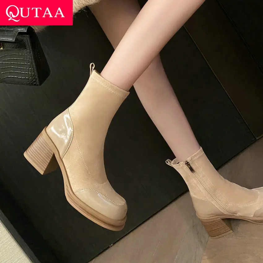 QUTAA 2023 Ankle Boots For Women Fashion Square High Heel Office Ladies Back Platform Shoes Woman Autumn Winter Size 34-40