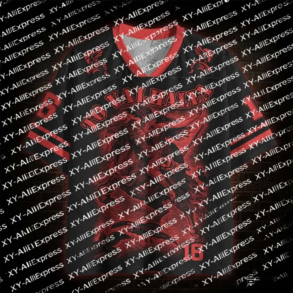 Men V-Neck Mesh Short Sleeve Jersey, Black Red Valkyrie To Valhalla Number16 Graphic, Lightweight Mesh Top Viking Street Wear