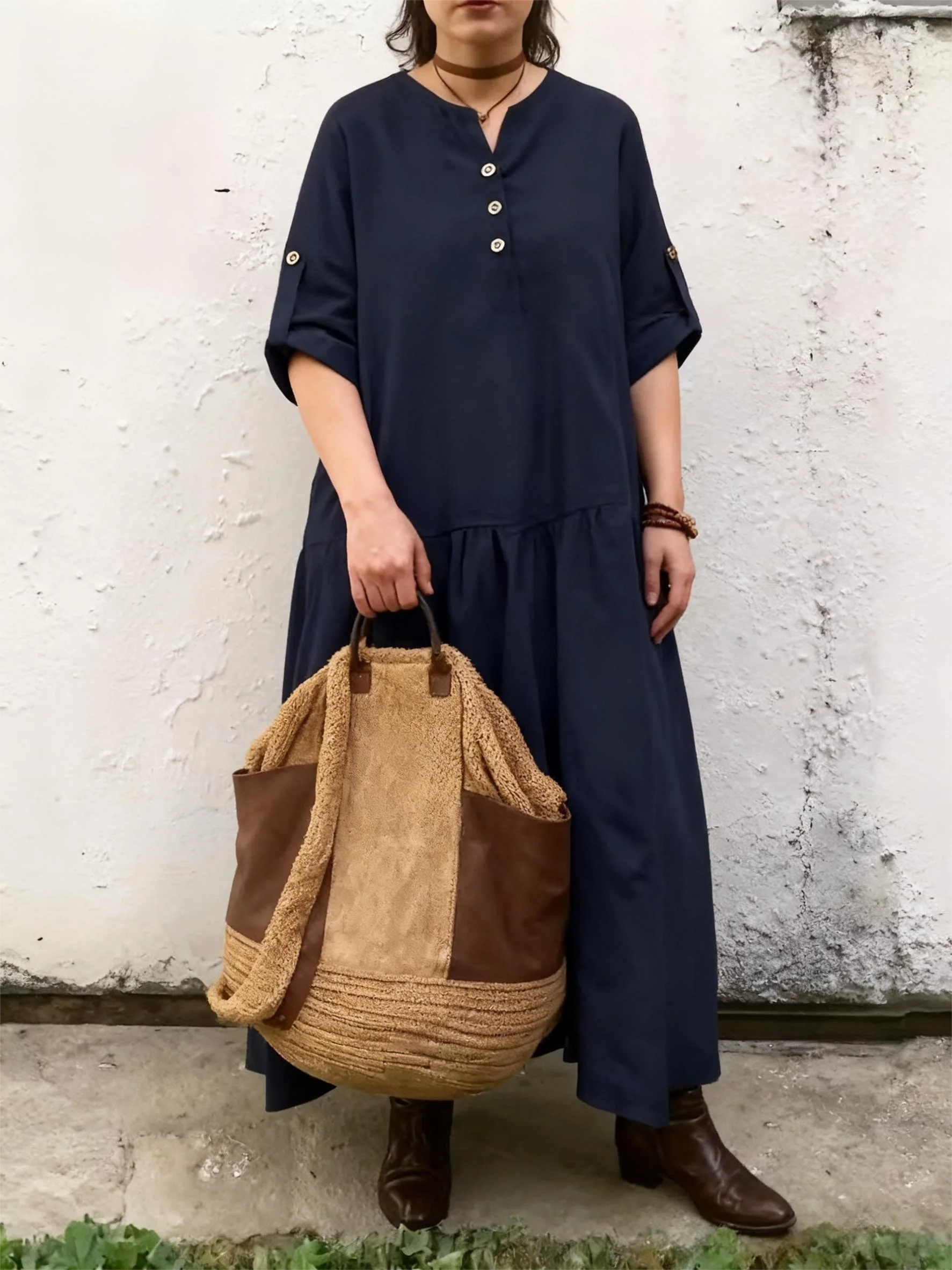 女性用ドレス カジュアル 3/4 スリーブ ボタンドレス ソリッド バギー ルーズフィット 流れるようなサマーマキシドレス