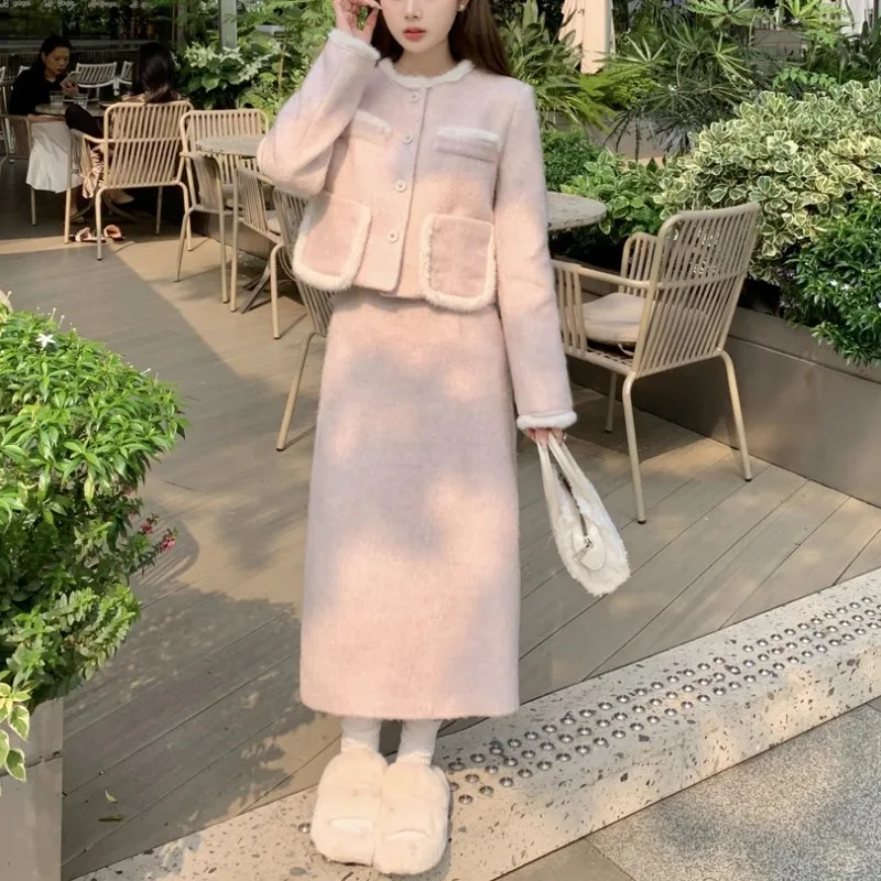 

Insozkdg Autumn Winter Matching Pink Minimalist Set Women Elegant Short Jacket Midi Skirt 2 Pieces Set Female Office Lady Girl