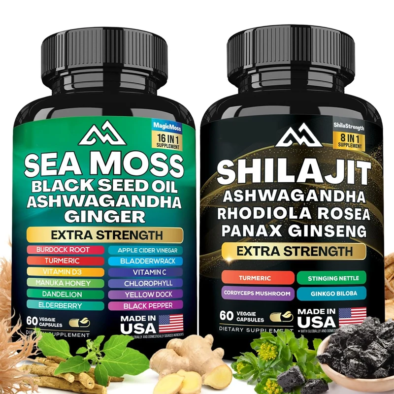 Advanced Combination Set of Seaweed and Shilajit Capsules Super Food Multi in One Supplement Seaweed 7000mg Shilajit 9000mg