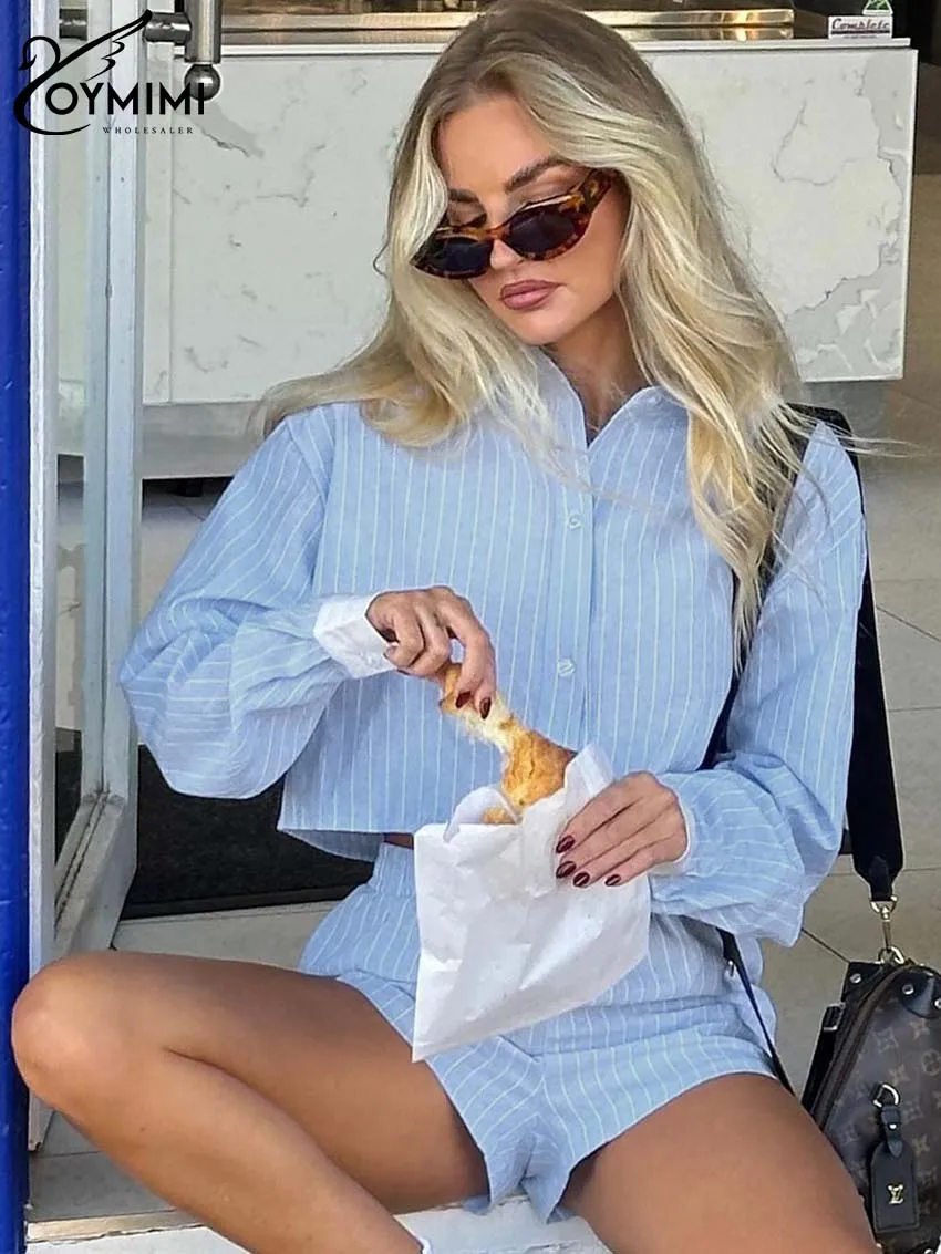 Oymimi Casual Blue Print Sets For Women 2 Pieces Elegant Long Sleeve Button Crop Shirts And Mid Waisted Patchwork Shorts Sets