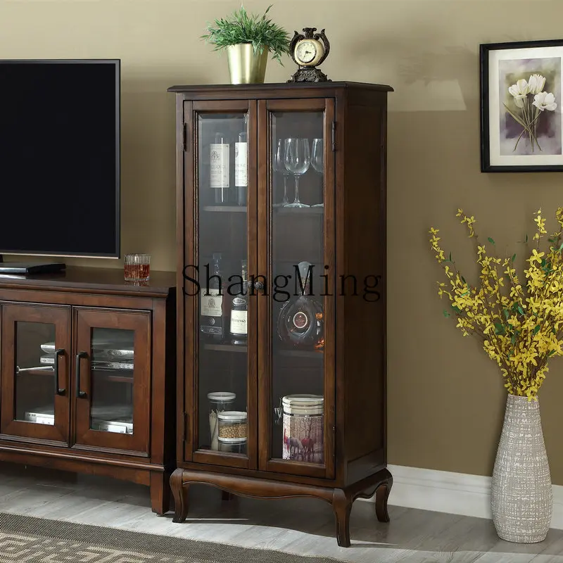 

FG solid wood bookcase glass wine cabinet against the wall household retro dining side cabinet