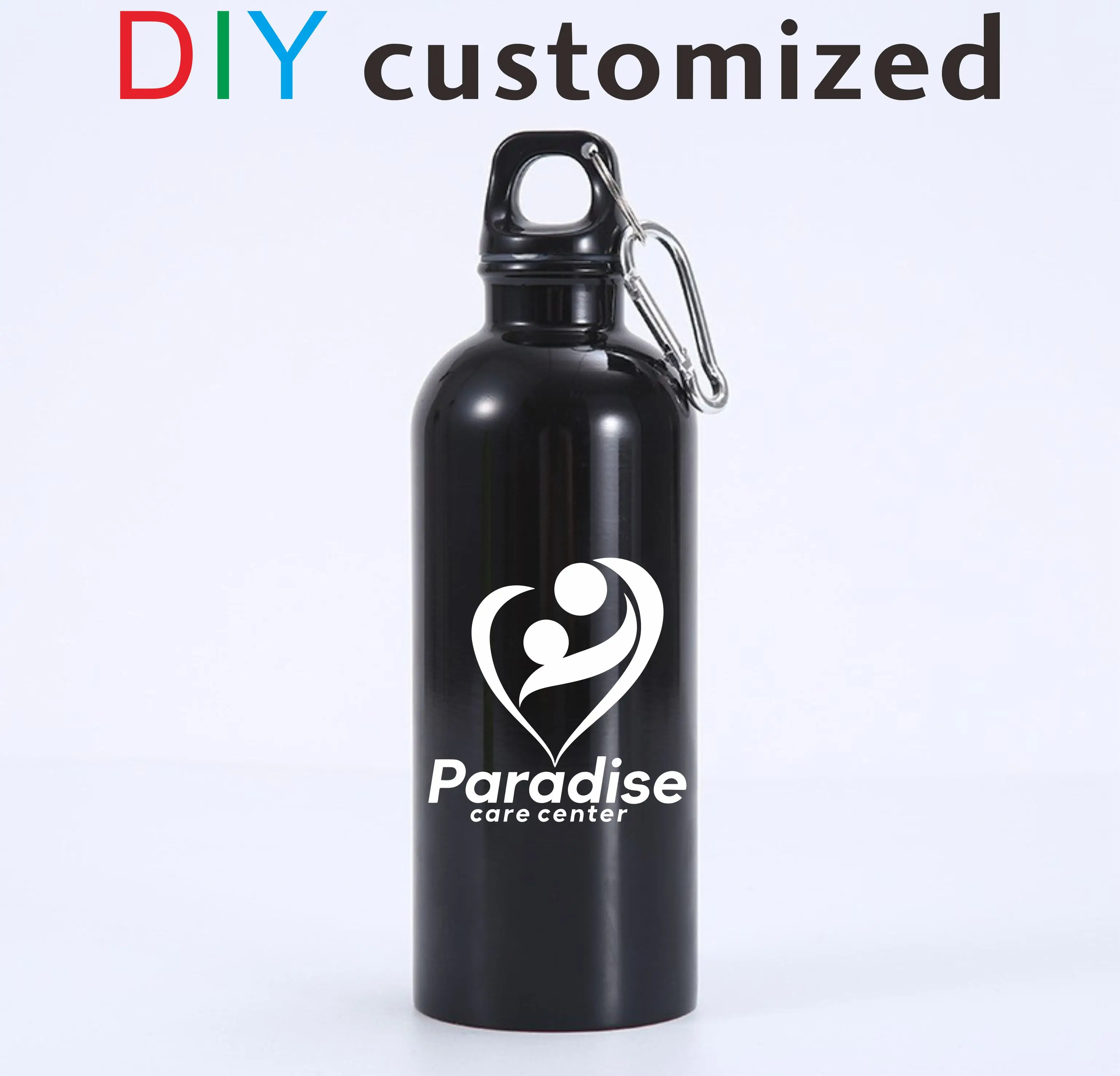 Black Bottle 600ML DIY Customized Print LOGO Name Photo Sport Aluminium Metal Material Carabiner Cup Outdoor Travel Biker Hiker