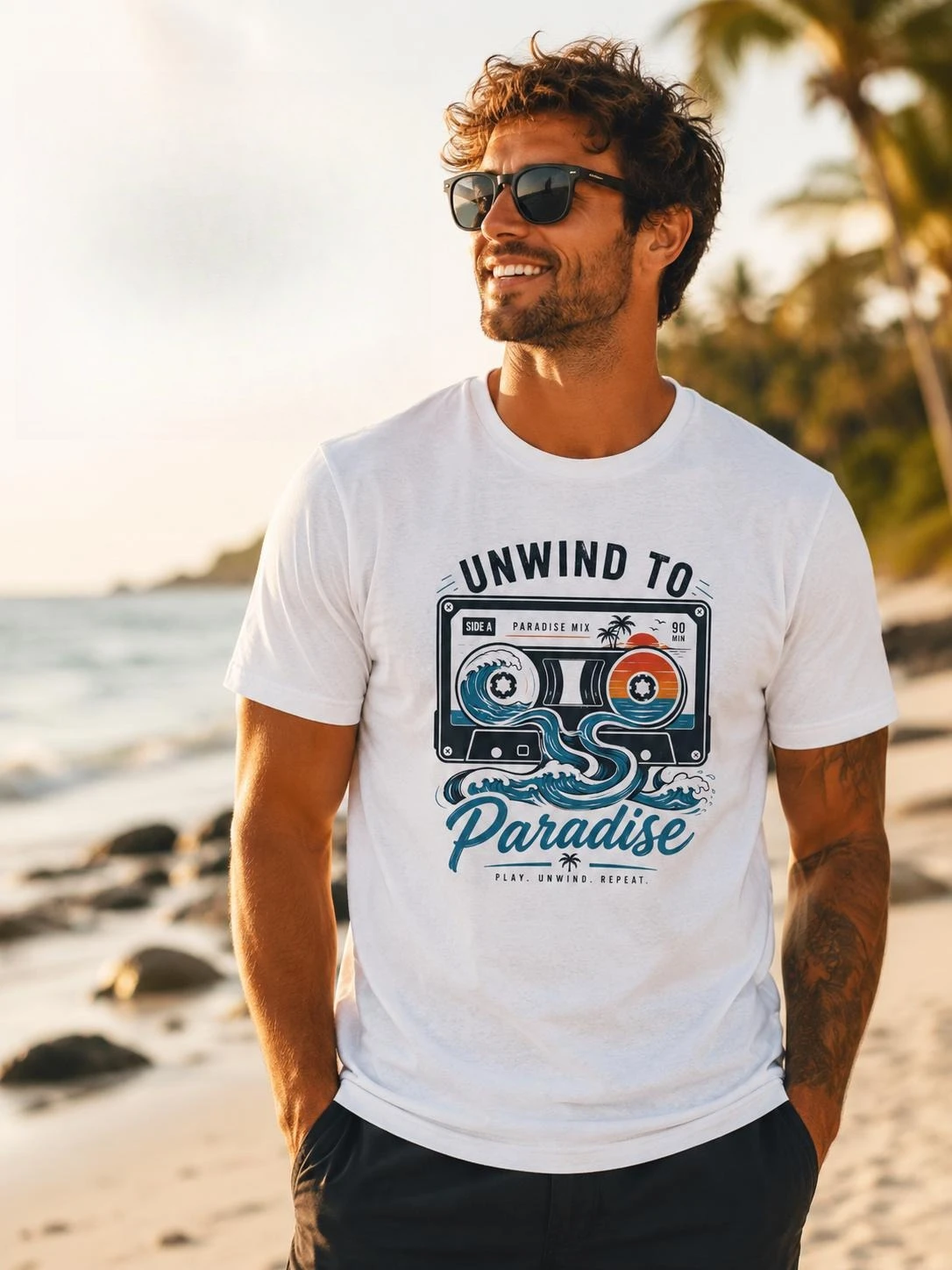 Unwind To Paradise Shirt, Retro Beach Vacation T-Shirt, Coastal Summer Graphic Tee, Ocean Wave Cassette Shirt, Beach