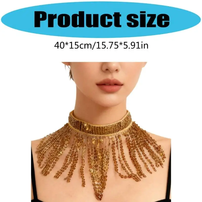 Collier ras du cou à franges paillettes 39BB, bijoux danse du ventre, ras du cou pour danseuse du ventre