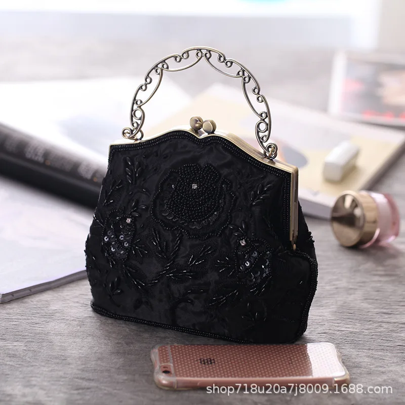 Vintage Embroider Beading Evening Bag Women Metal Handle Top-Handle Bag Phone Cosmetic Evening Bag Party Beaded Lace Handbags