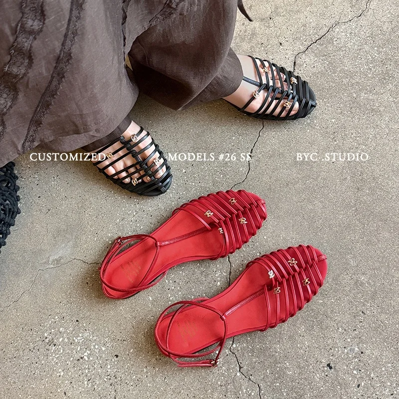 2026 summer women sandals natural leather plus size 22-25.5cm cowhide+microfiber weave+sheepskin buckle low heel women shoes