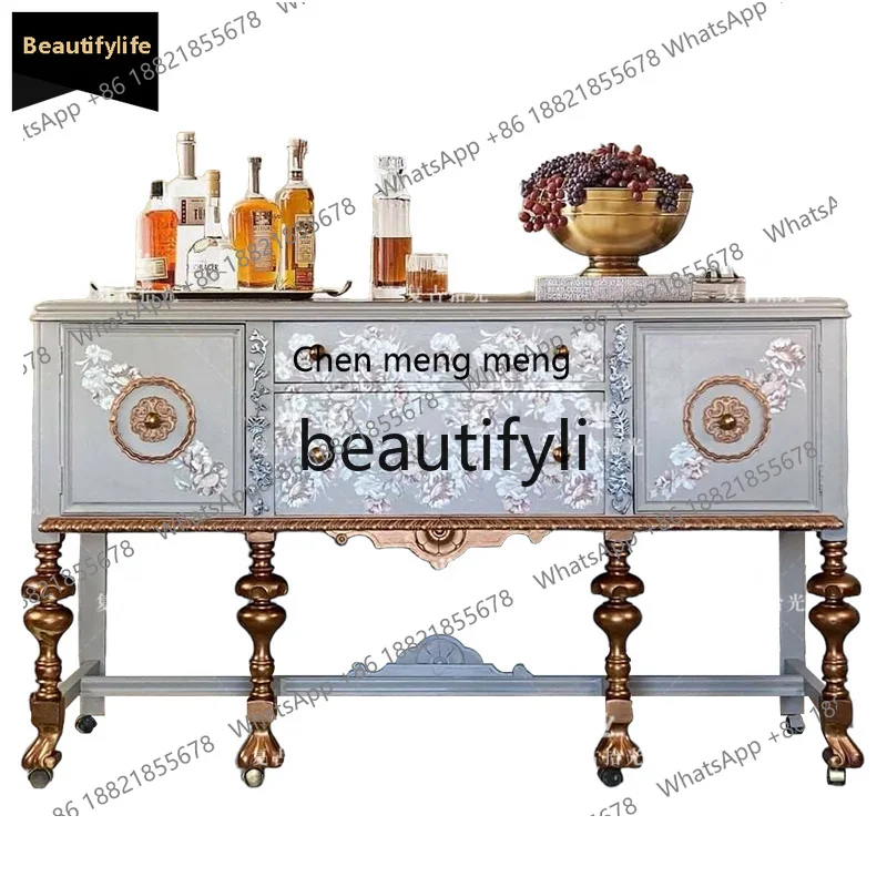 Vintage Solid Wood Carved Entryway Cabinet American Style Painted Floral Decorative Cabinet Wall-Mounted Storage Cabinet