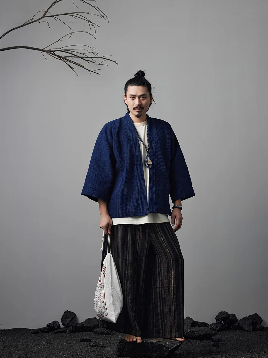 Indigo-Dyed Robe Japanese Casual Loose Versatile Shoulder Kimono Retro Three-Quarter Sleeve Shirt Jacket Workwear