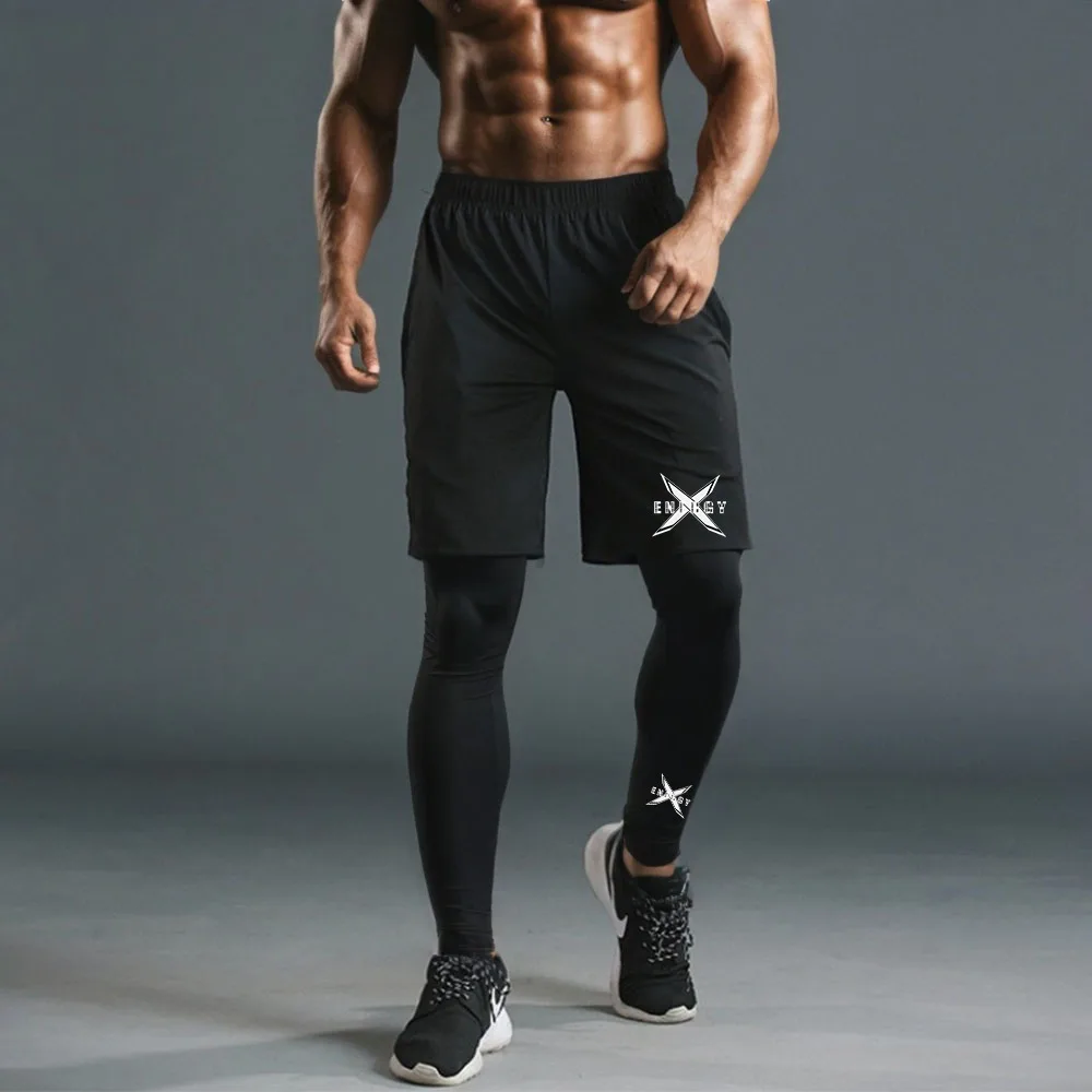 Compression Running Pants Men\'s 2 in 1 Quick Dry Athletic Workout Sweatpants Shorts Gym Leggings