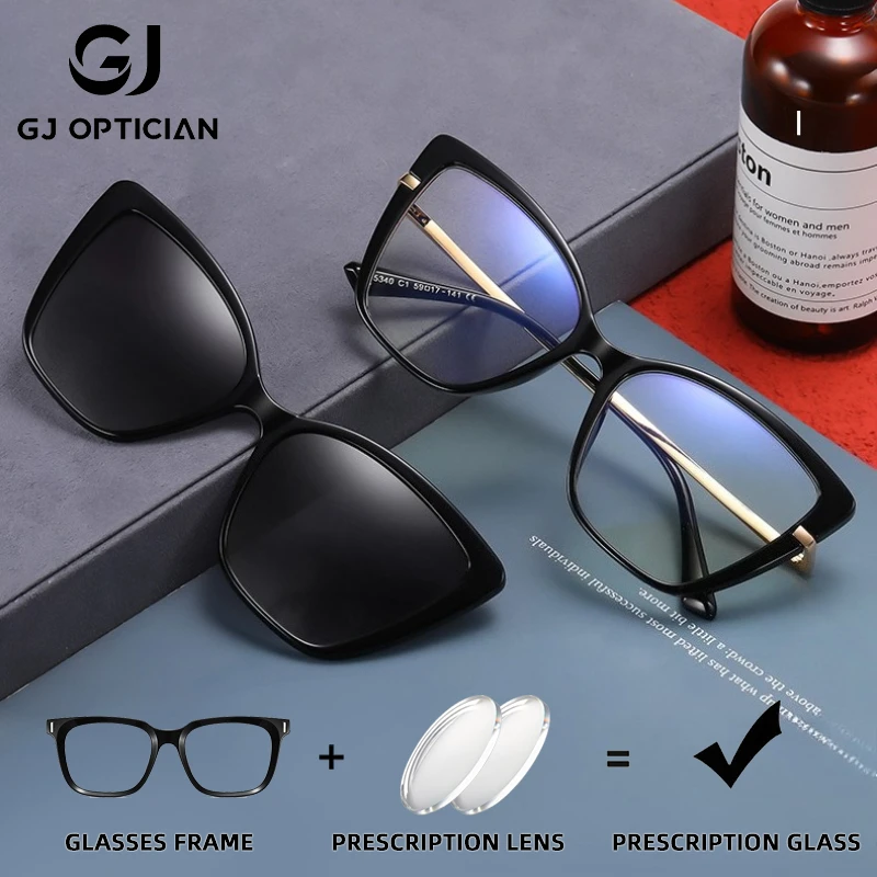 

GJ OPTICIAN Leisure Plastic Titanium Magnetic Clip Prescription Sunglasses Fashionable Women Anti Blue Light Progressive Glasses