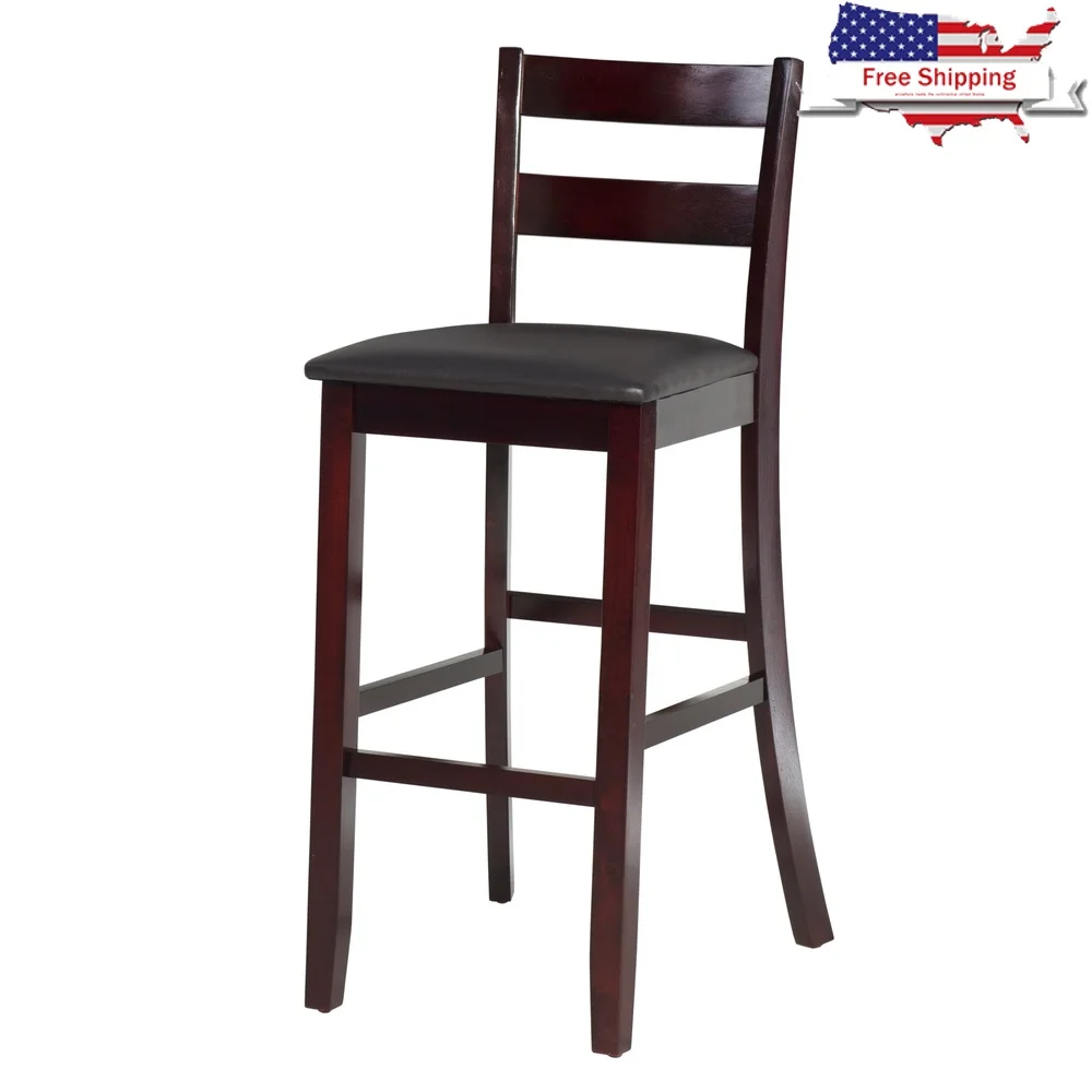 

Indoor Bar Stool Ladder Back Dark Brown Faux Leather Padded Seat Solid Construction Quality Craftsmanship 350 lb Weight Limit