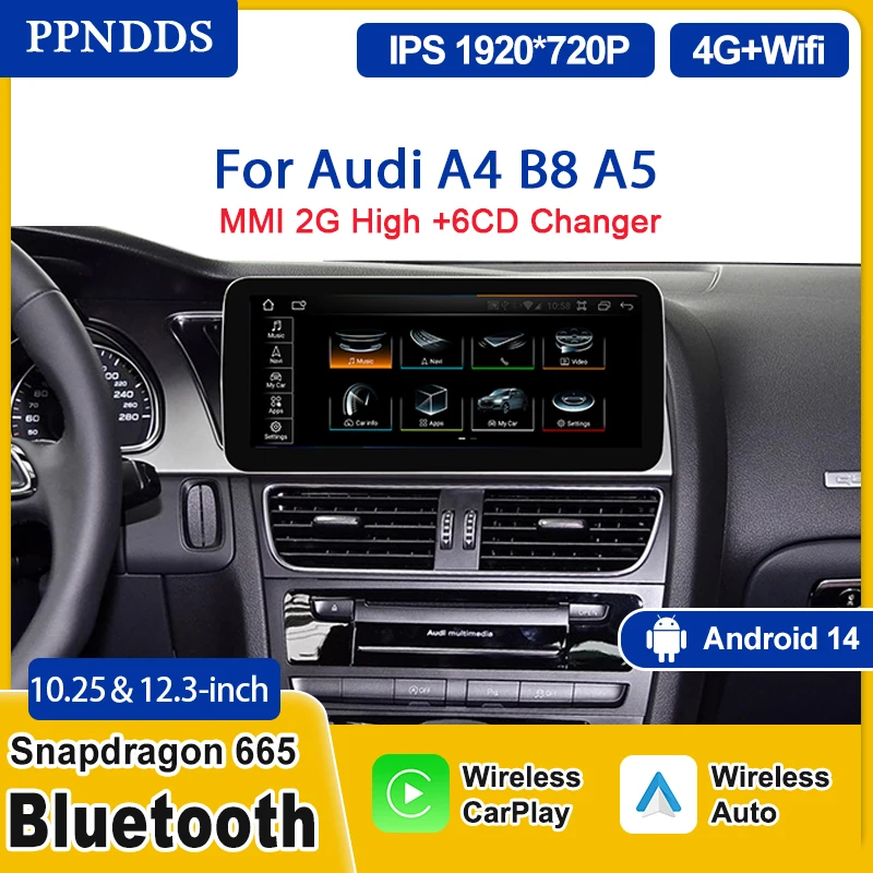 PPNDDS Head Unit Android 14 CarPlay For Audi A4 B8 A5 2008 2009 2010 MMI 2G High CD Changer WIFI Player Stereo GPS Navi