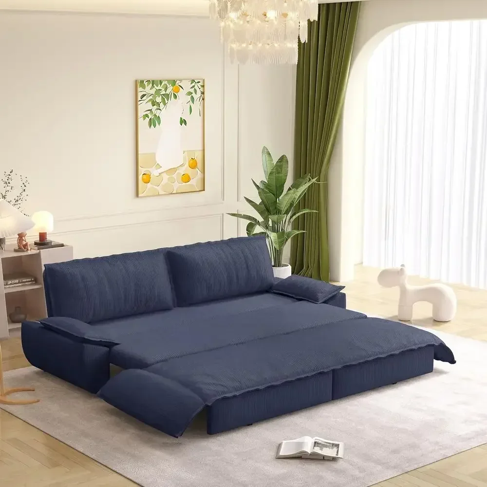 Queen Size 3-in-1 Convertible Sleeper Sofa with Cloud Loveseat Lounge and Pillow Arm in Comfortable Corduroy, Available in Navy