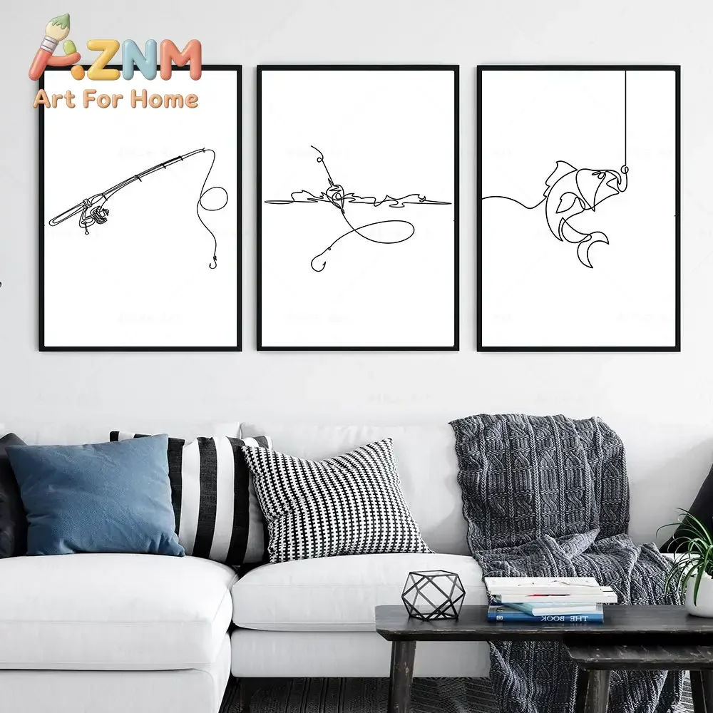 AZNM Fishing One Line Art Canvas Print, Minimalist Fishing Rod Fish Continuous Line Drawing Unframed Wall Poster