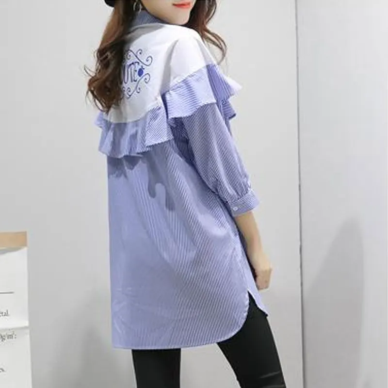 Korean Striped Midi Shirt Printed Stylish Ruffles Spliced Spring Summer Casual 3/4 Sleeve Female Clothing Single-breasted Blouse