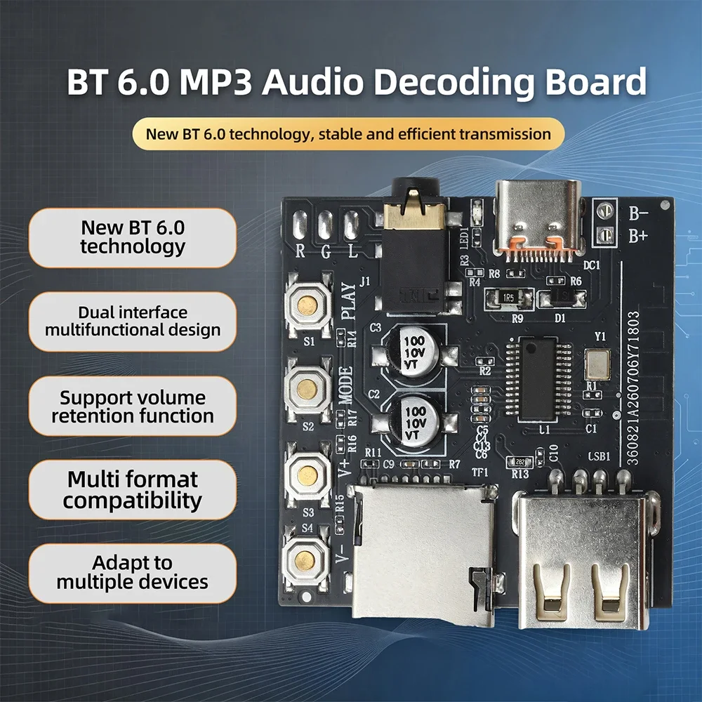 BT 6.0 MP3 Audio Receiver Module Audio Decoding Board with Lossless AAC USB TF Player Type-C Interface for Headphones Amplifier