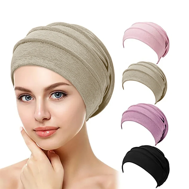 2024 Summer Solid Color Women\'s Hat Women\'s Head Scarf Muslim Head Wrap Elastic Hat Scarf