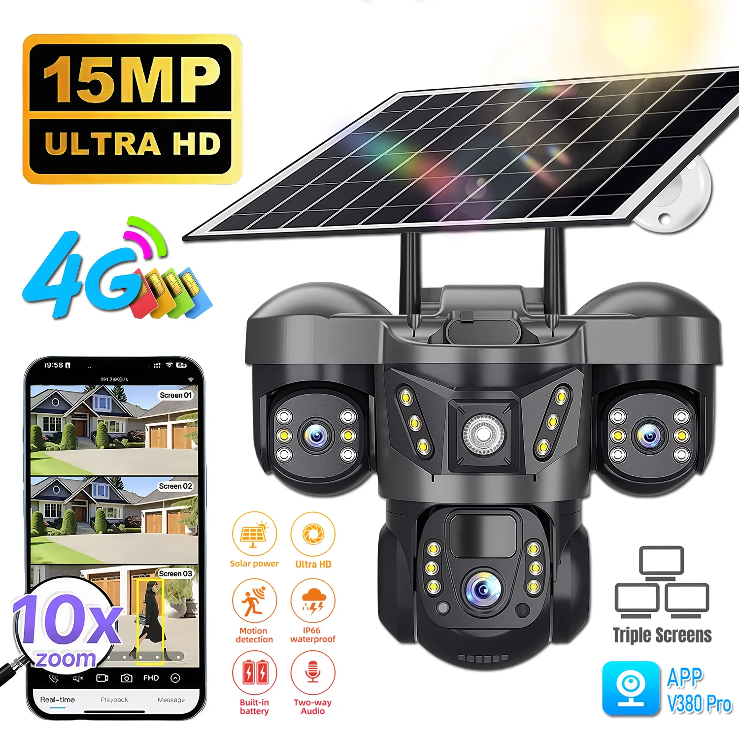 

Solar 4G Camera 15MP 3 Lens Waterproof PTZ Rotation IP Surveillance Wireless Smart Home Security Monitor Human Detection CCTV