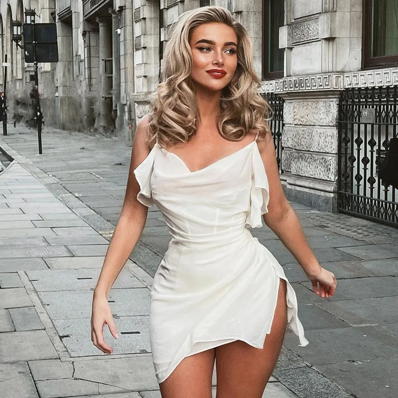 

SKMY Elegant Ruffle Ruched Mini Dress For Women Summer New Backless Sleeveless Irregular Night Club Outfits Party Sexy Dress