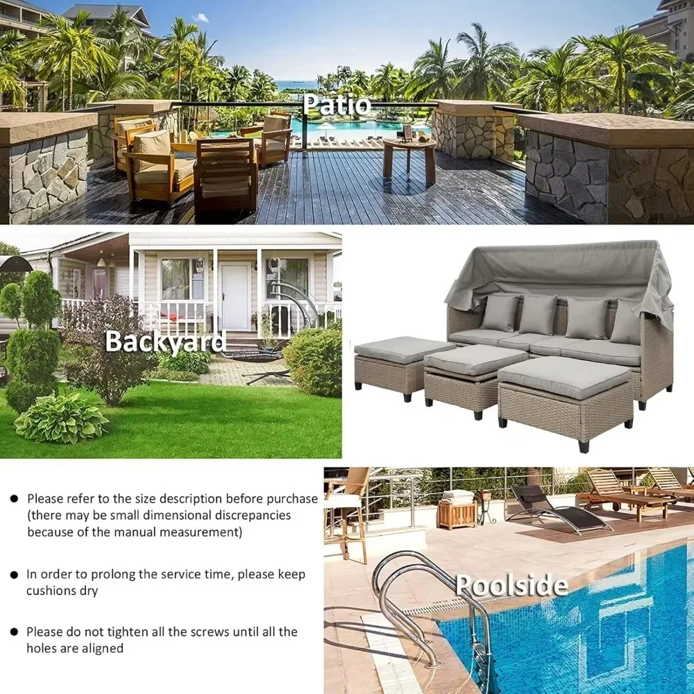 4-piece outdoor patio furniture set with retractable awning, cushions and height-adjustable table segmented upholstered sofa set