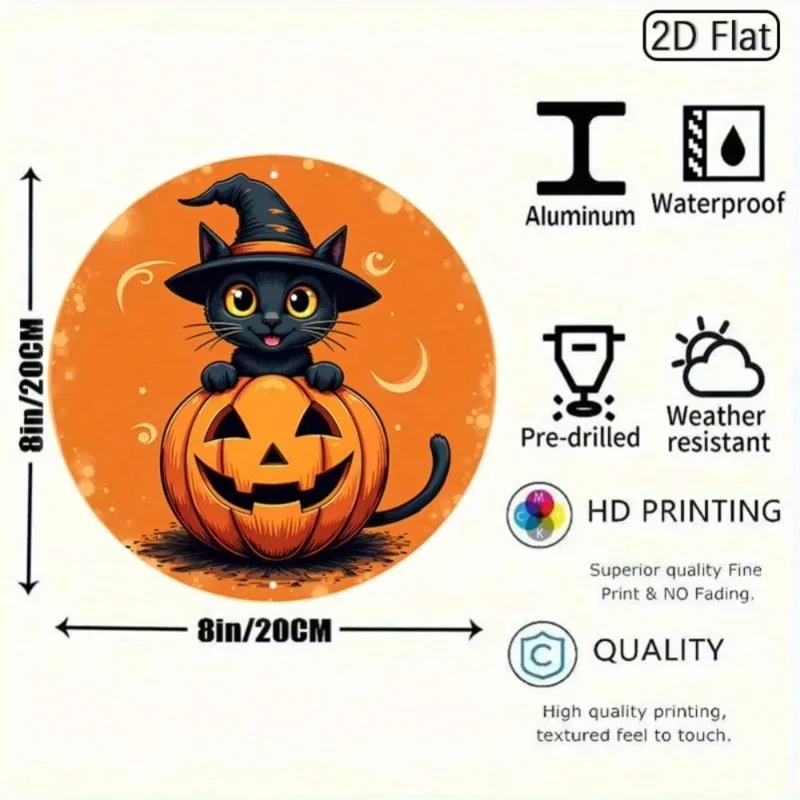1 шт. 8x8 дюймов 2D плоский круглый металлический знак на Хэллоуин — черный кот в шляпе ведьмы на тыкве, оранжевый фон с пузырьками, легко повесить