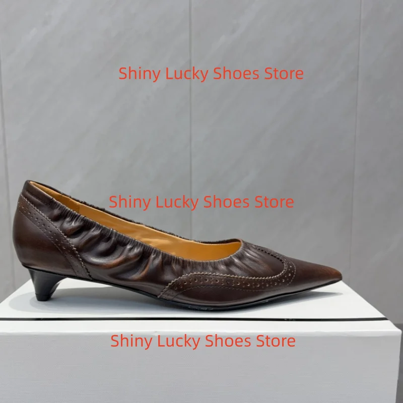 

Pleated Shoes for Ladies Pointed Toes Kitten Heels Rivets Womens Shallow Female Pumps Sewing Lines Zapatos Mujer Solid Chassure