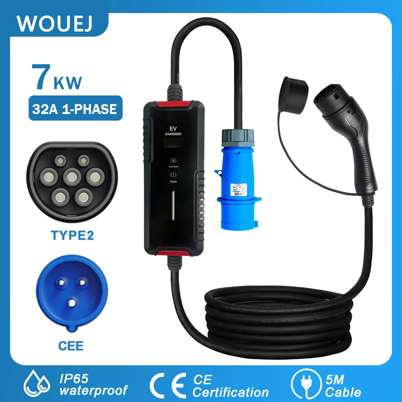 WOUEJ Portable EV Charger Type2 7KW  32A 1 Phase Adjustable Current Smart Timing Charging for Home & Outdoor Use with CEE Plug