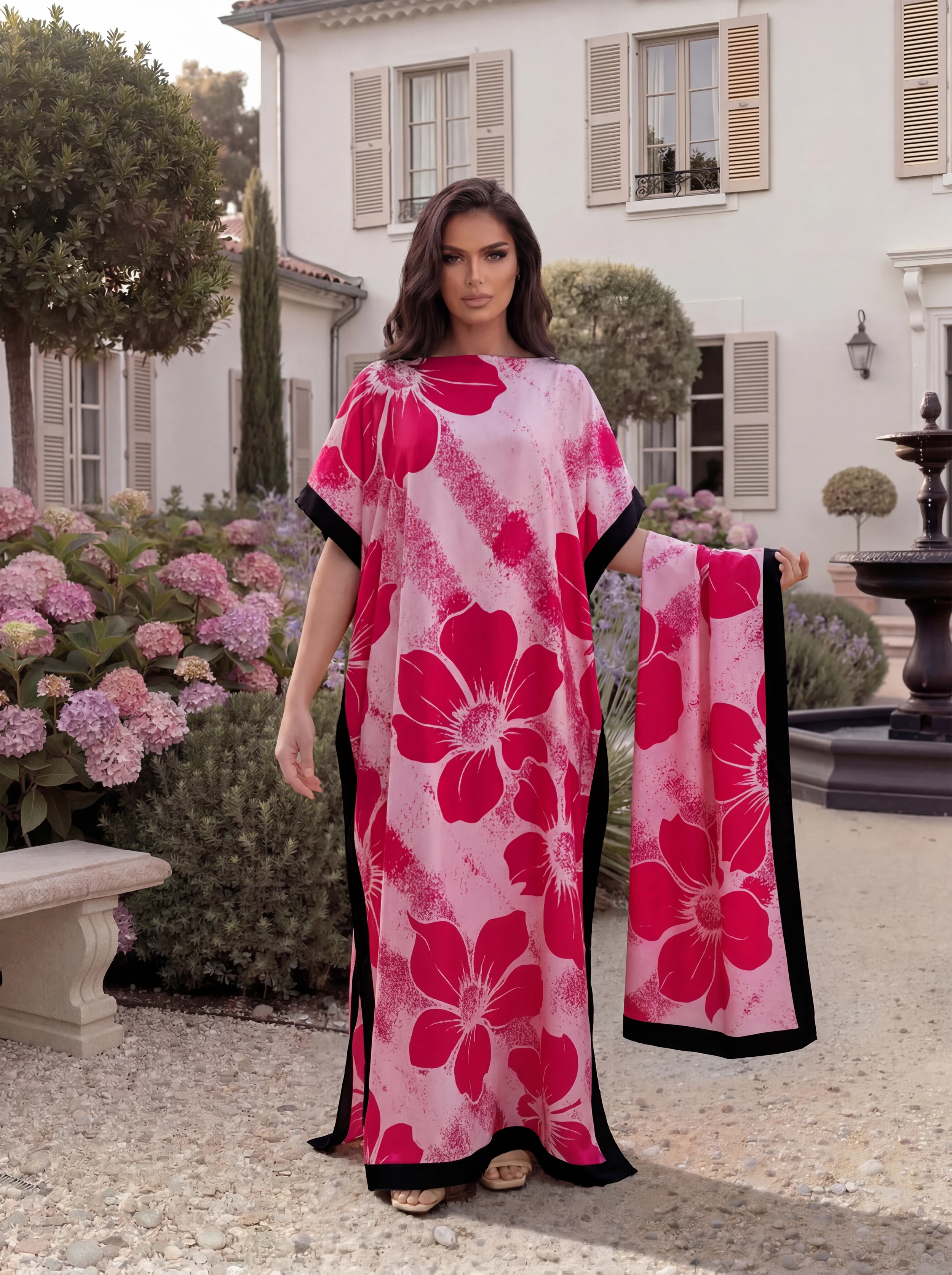 Boho Large Floral Print Satin Abaya Scarf Set, Loose Batwing Maxi Kaftan for Muslim Women Summer Beach Holiday Wear view 4
